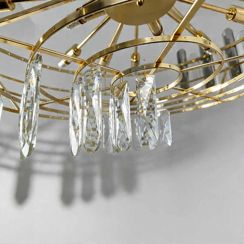 Tiered Smoke Crystal Drum Chandelier, Gold Iron Ceiling Light 13