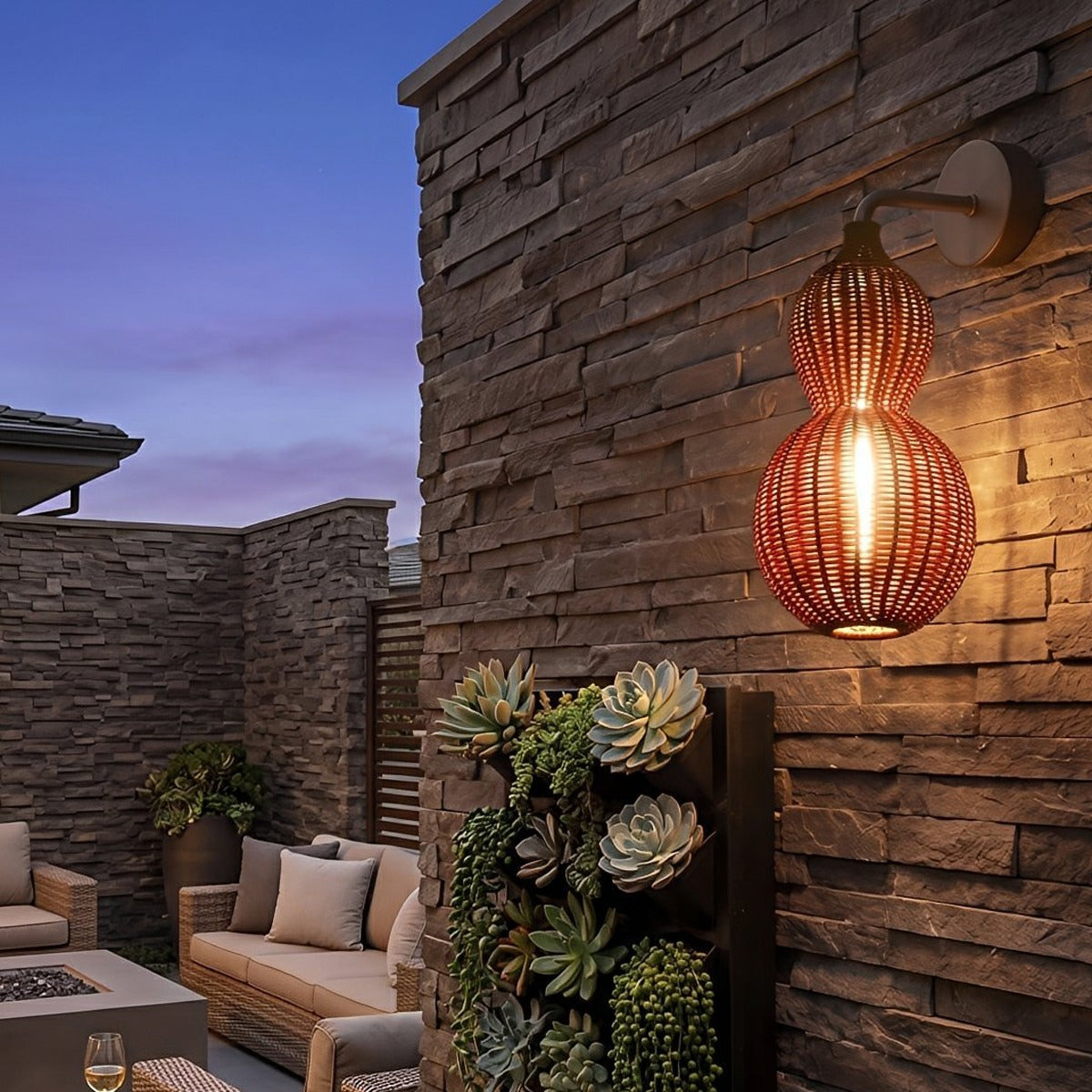 Coastal Gourd Woven Wall Light, Faux Rattan Outdoor Porch Sconce