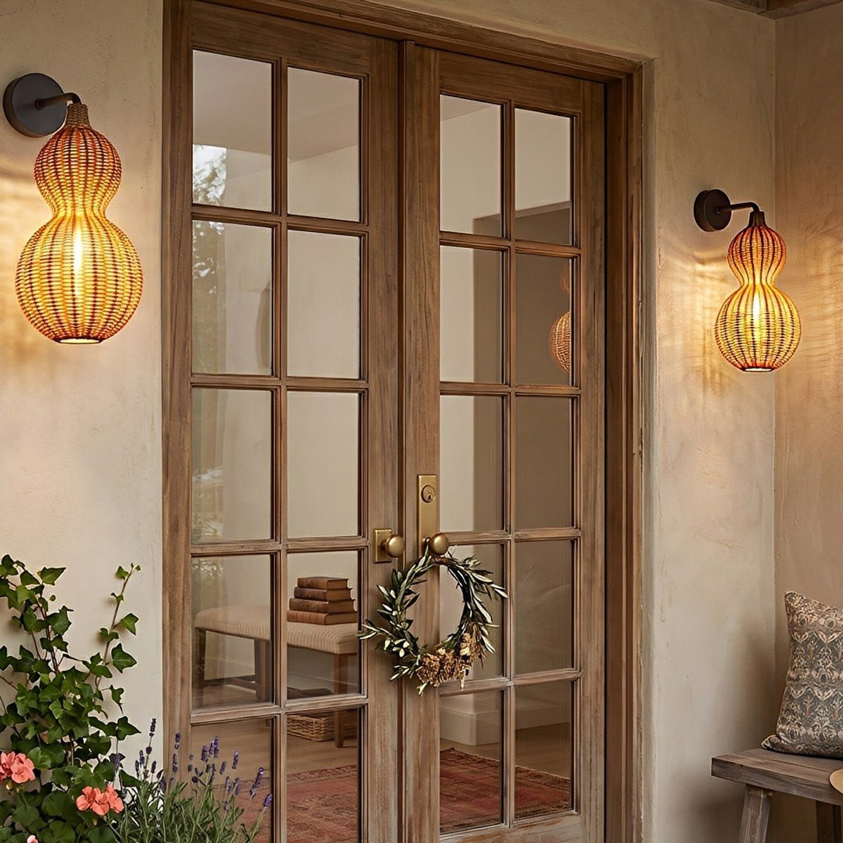 Coastal Gourd Woven Wall Light, Faux Rattan Outdoor Porch Sconce 2
