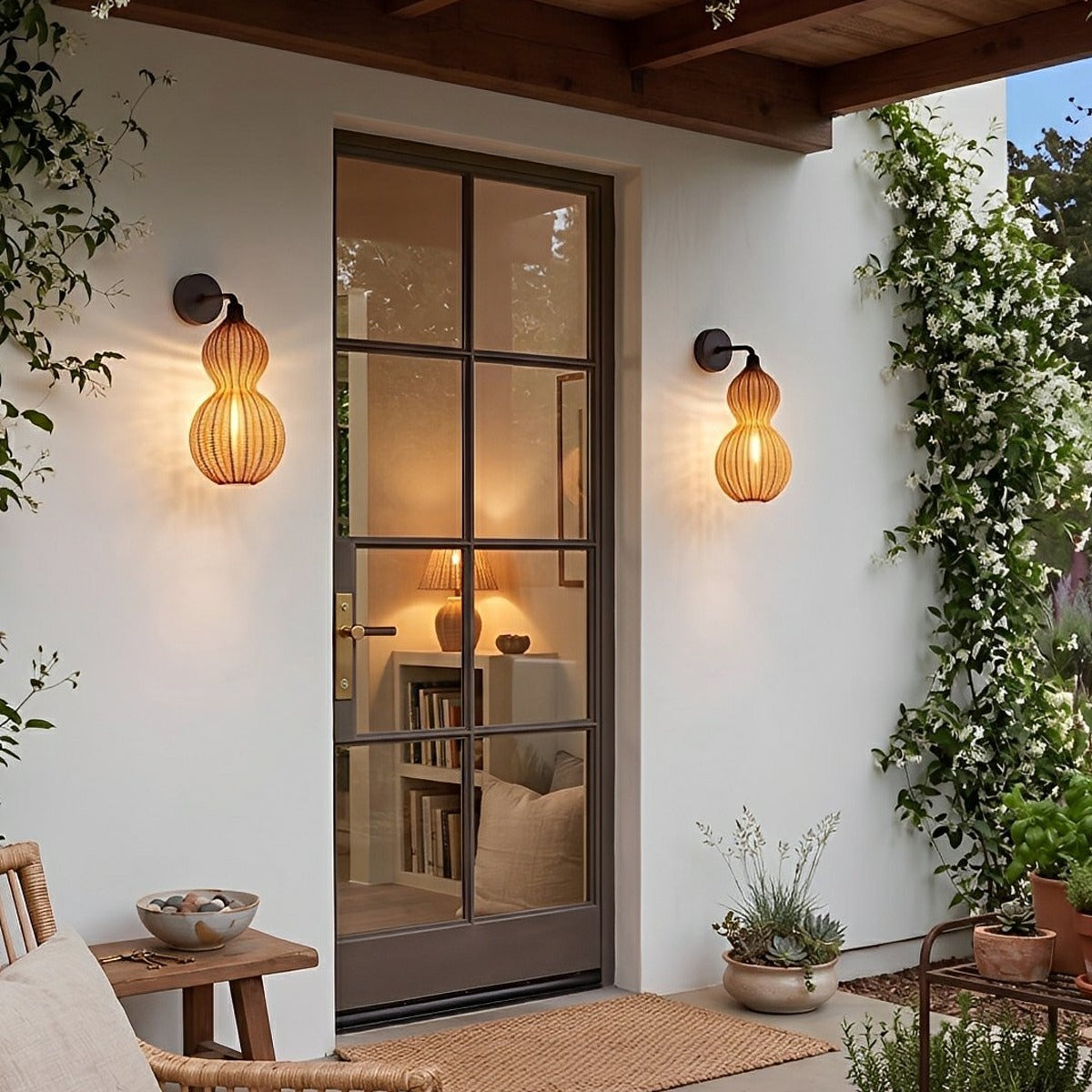 Coastal Gourd Woven Wall Light, Faux Rattan Outdoor Porch Sconce 5