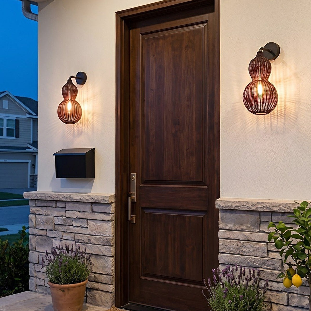 Coastal Gourd Woven Wall Light, Faux Rattan Outdoor Porch Sconce 7
