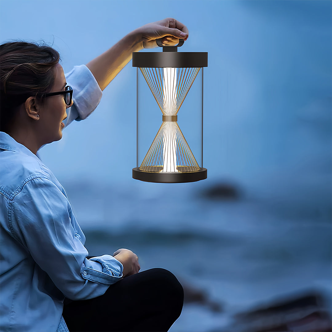 Hourglass Glass Lantern, Black Stainless Steel Outdoor Lantern