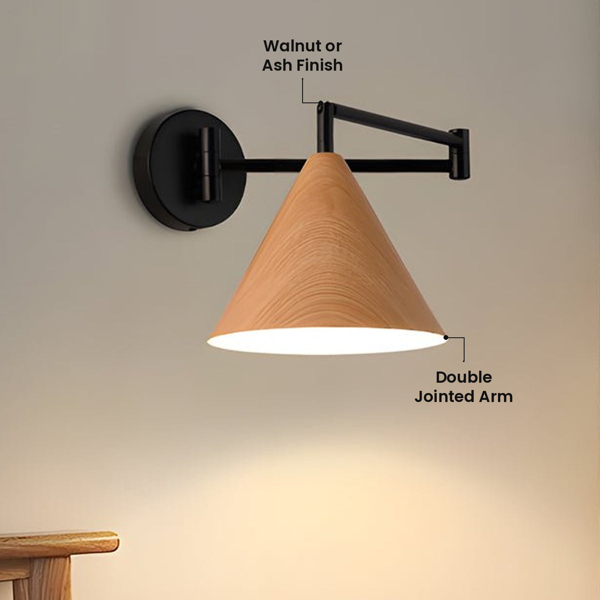 Cone Shade Swing Arm Sconce: Walnut or Ash Finish, Double Jointed Arm
