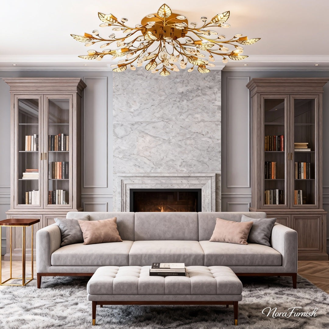 Crystal Leaf Ceiling Light, Brushed Brass Semi Flush Mount, view 5