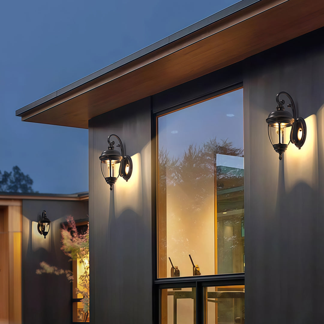 Antique Brown Lantern Sconce, Aluminum and Glass Wall Light
