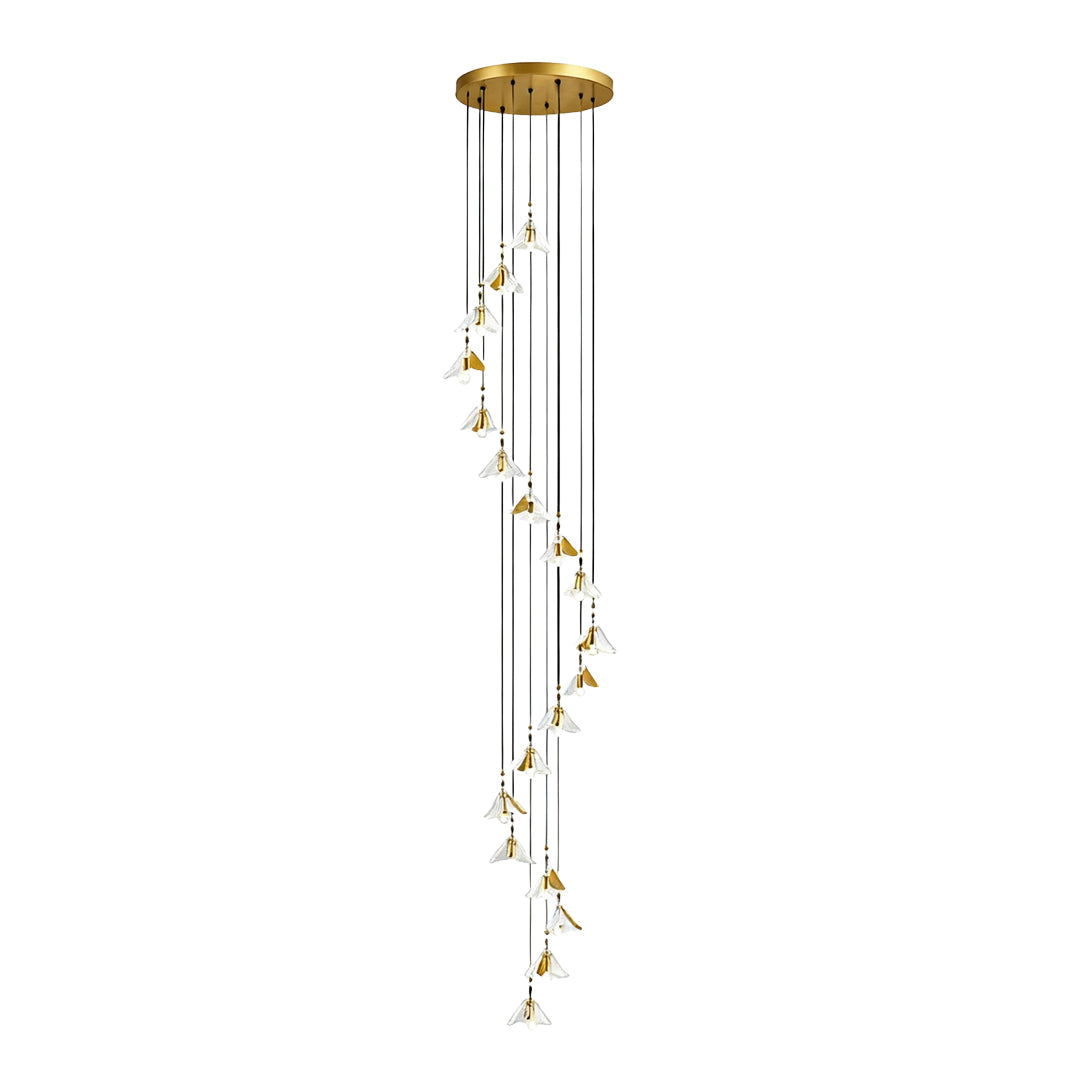 Ceramic Blossom Spiral Staircase Chandelier, Gold Iron Long Drop Light 13