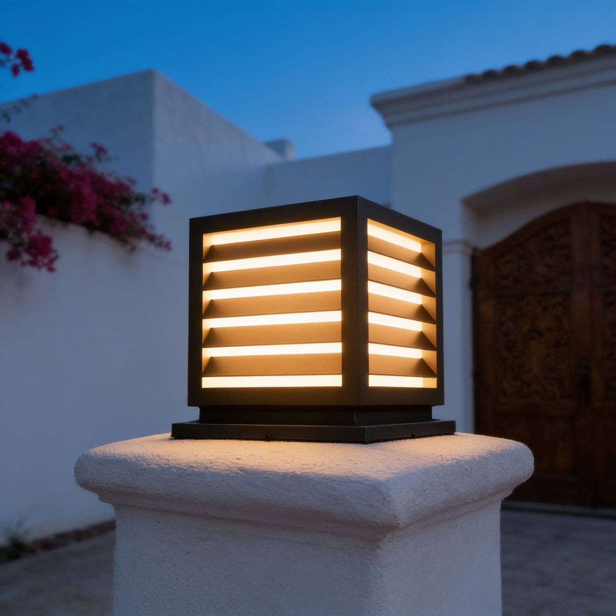 Louvered Courtyard Column Light on a white stucco pillar