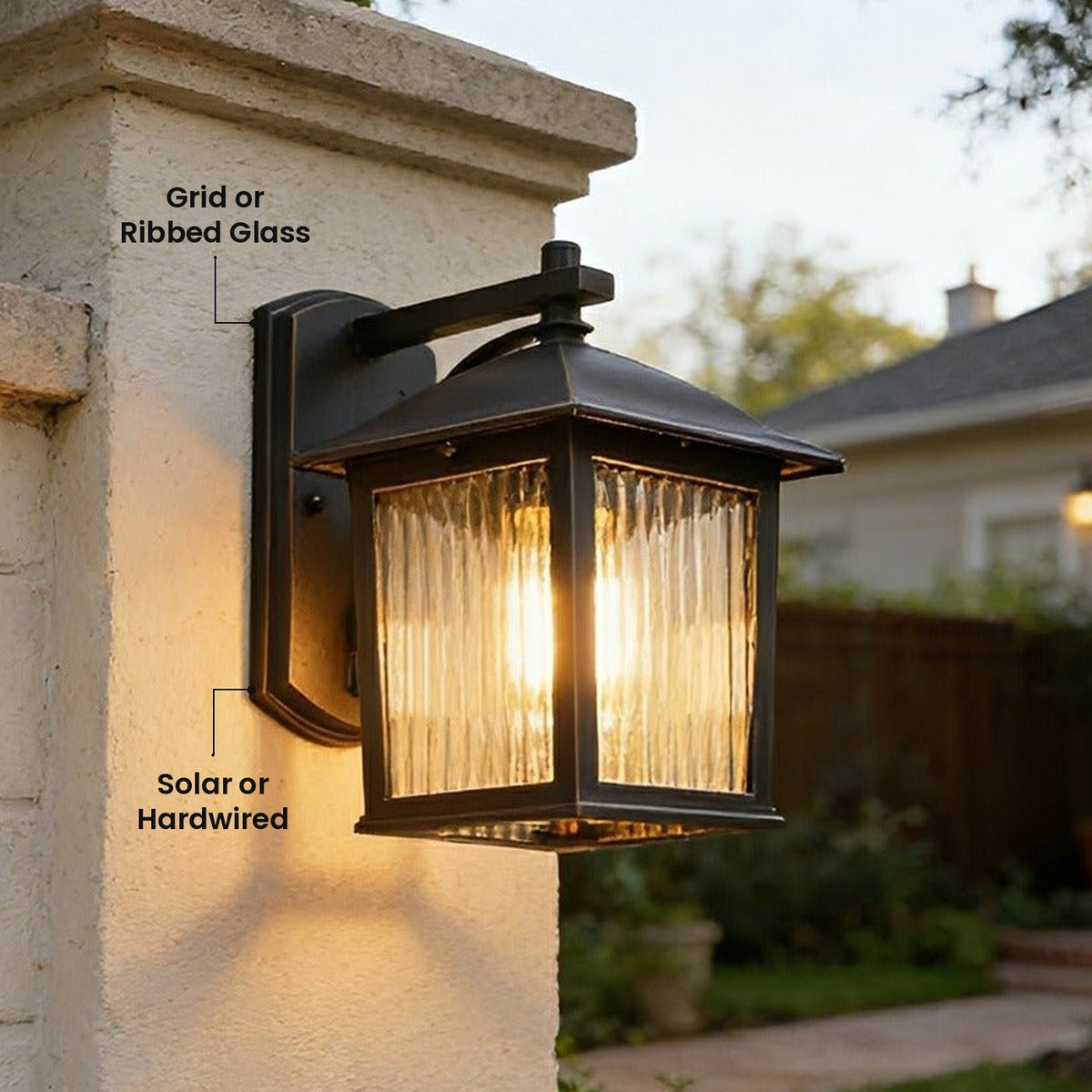 Craftsman Grid Lantern Porch Light: Grid or Ribbed Glass, Solar or Hardwired