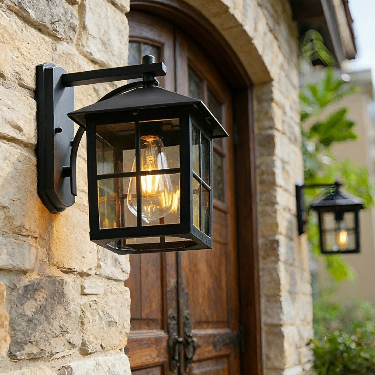 Craftsman Grid Lantern Porch Light, Black Aluminum Wall Lantern