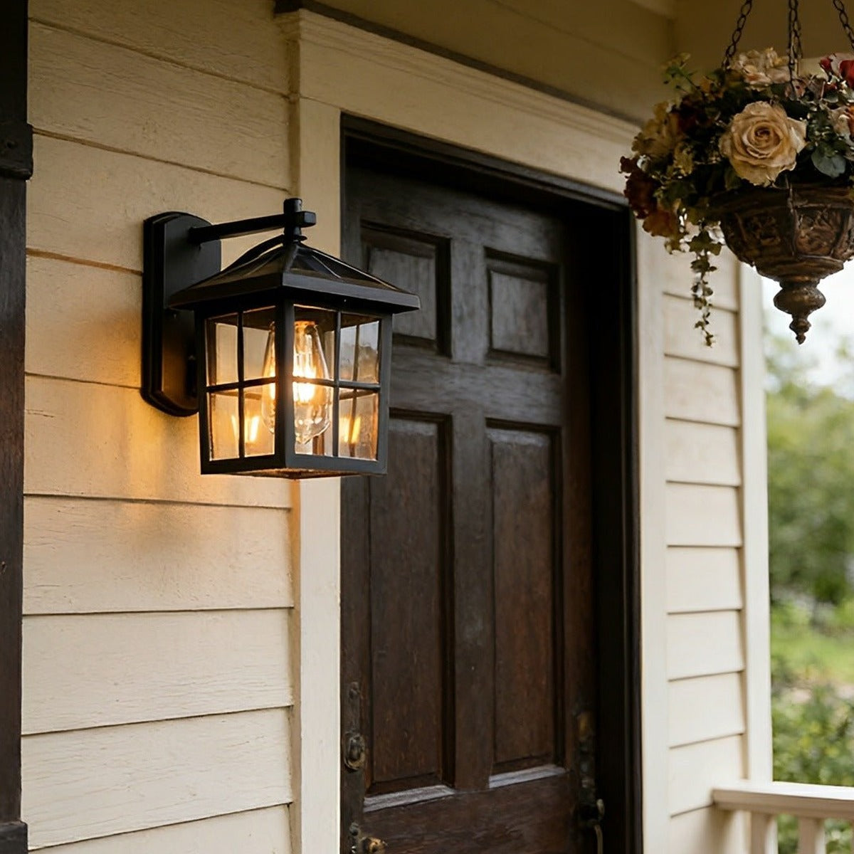 Craftsman Grid Lantern Porch Light, Black Aluminum Wall Lantern 2