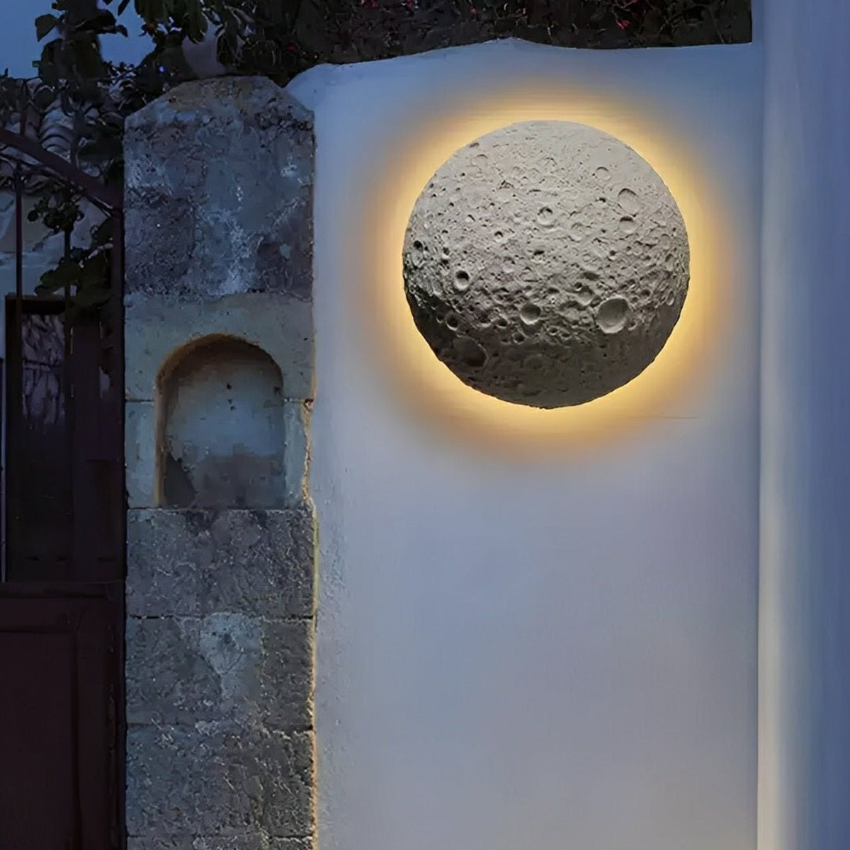 Crater Moon Backlit Wall Light, Concrete Outdoor Wall Sconce
