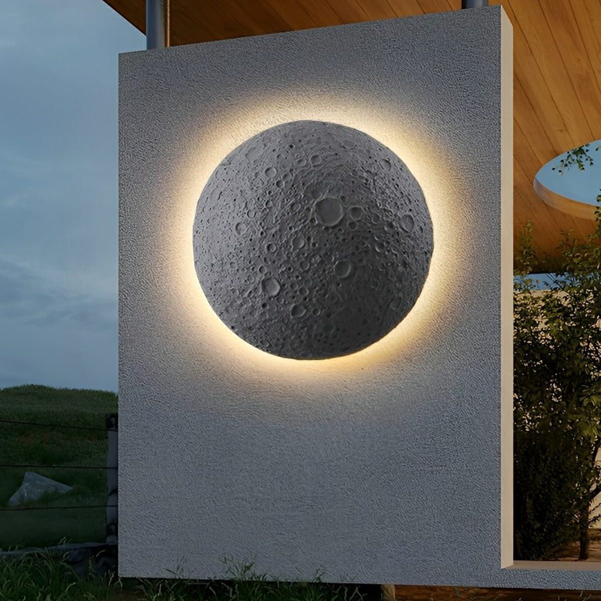 Crater Moon Backlit Wall Light, Concrete Outdoor Wall Sconce 2