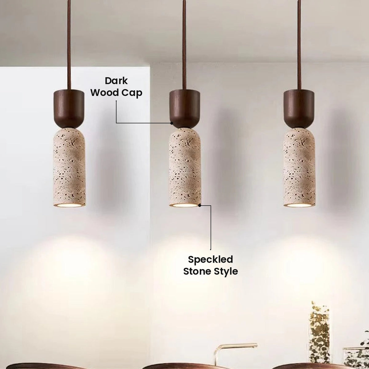 Cream Stone Tube Pendant Light: Speckled Stone Style, Dark Wood Cap