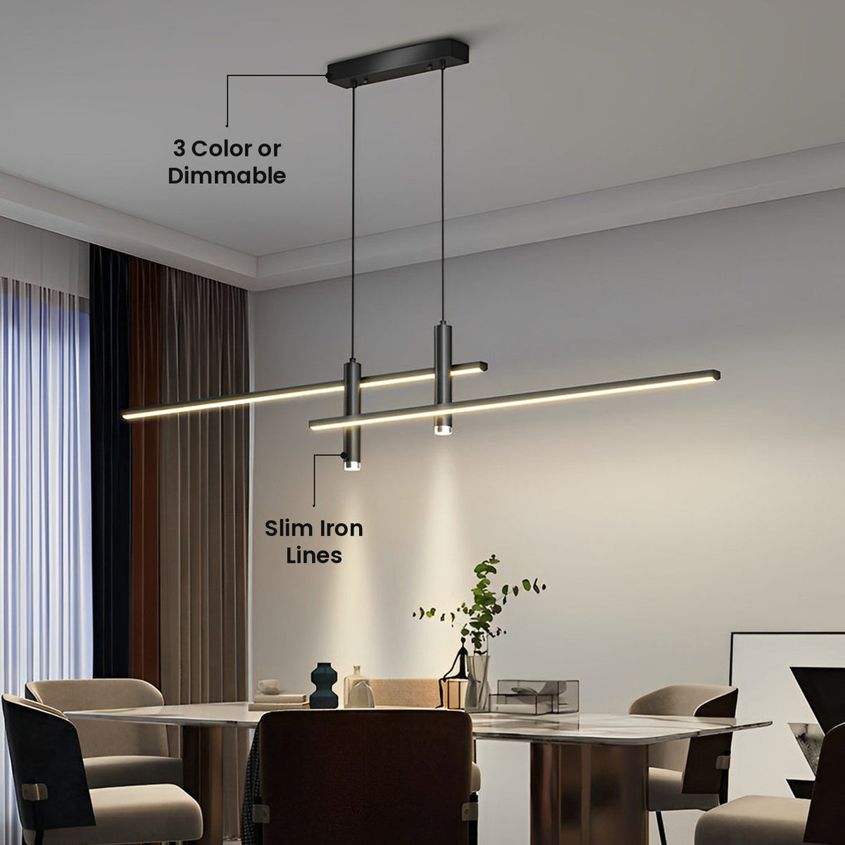 Crossbar Lines LED Linear Pendant: Slim Iron Lines, 3 Color or Dimmable