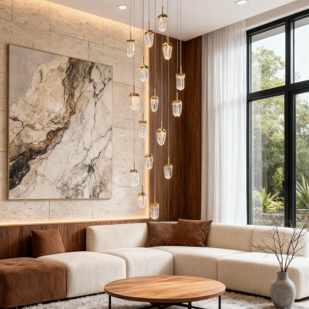 Textured Acrylic Cascade Staircase Chandelier, Gold Long Drop Light 2
