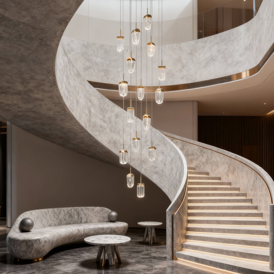 Textured Acrylic Cascade Staircase Chandelier, Gold Long Drop Light