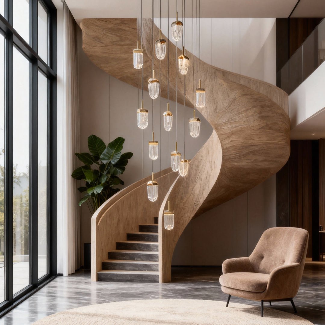 Textured Acrylic Cascade Staircase Chandelier, Gold Long Drop Light 5