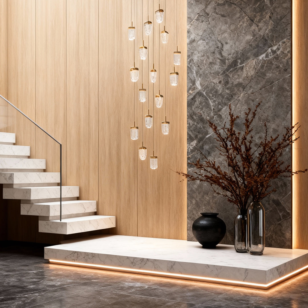 Textured Acrylic Cascade Staircase Chandelier, Gold Long Drop Light 3