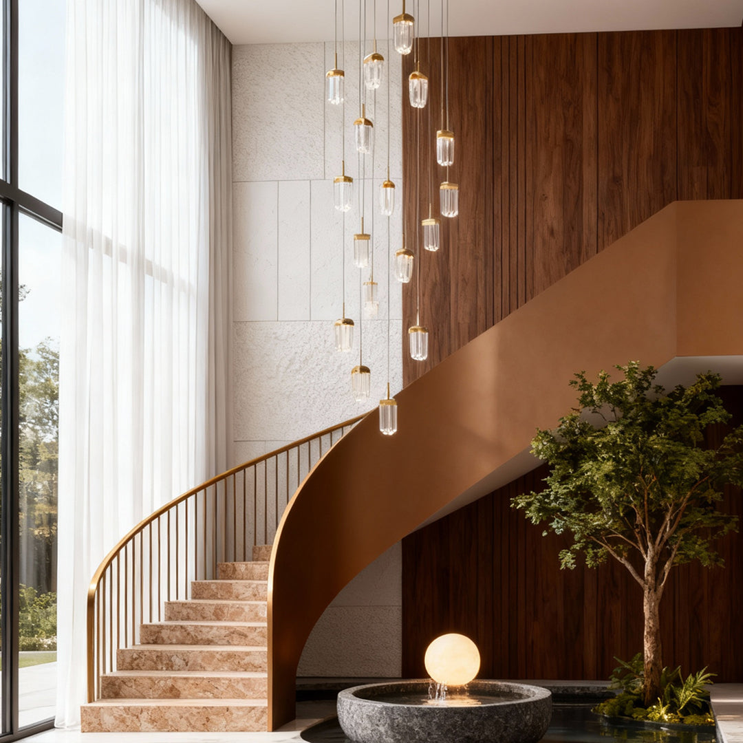 Textured Acrylic Cascade Staircase Chandelier, Gold Long Drop Light 4