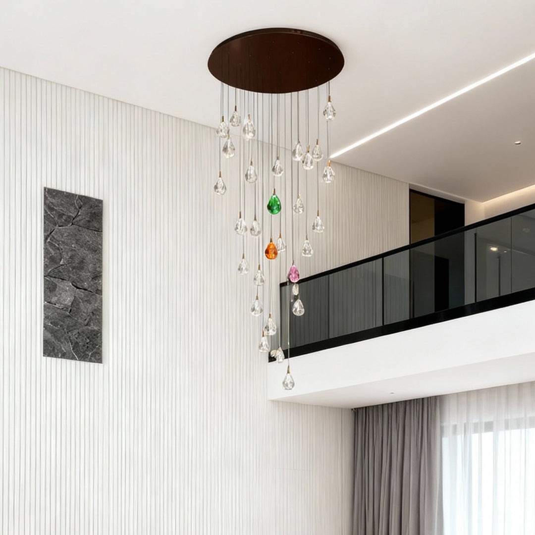 Jewel Drop Crystal Staircase Chandelier, Stainless Steel LED Light