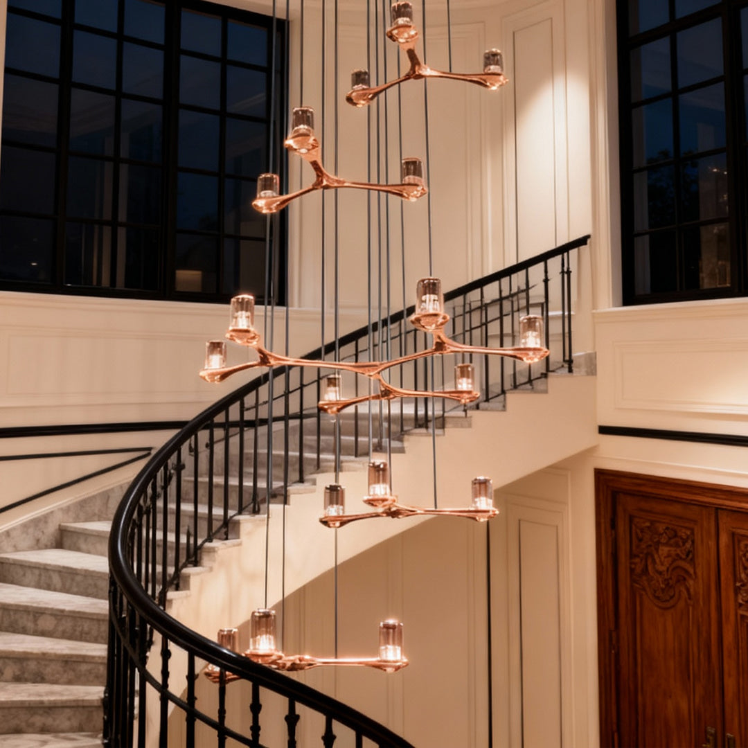 Twig Copper Crystal Staircase Chandelier, Warm Gold Long Drop Light 2