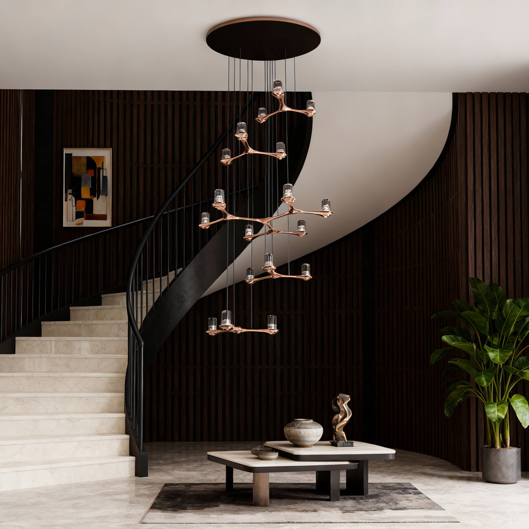 Twig Copper Crystal Staircase Chandelier, Warm Gold Long Drop Light