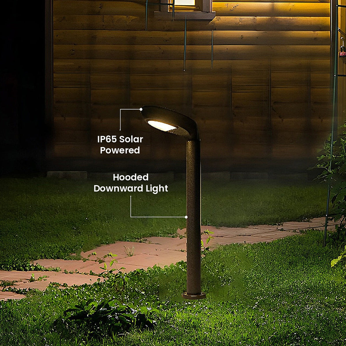 Curved Solar Bollard Light: Hooded Downward Light, IP65 Solar Powered