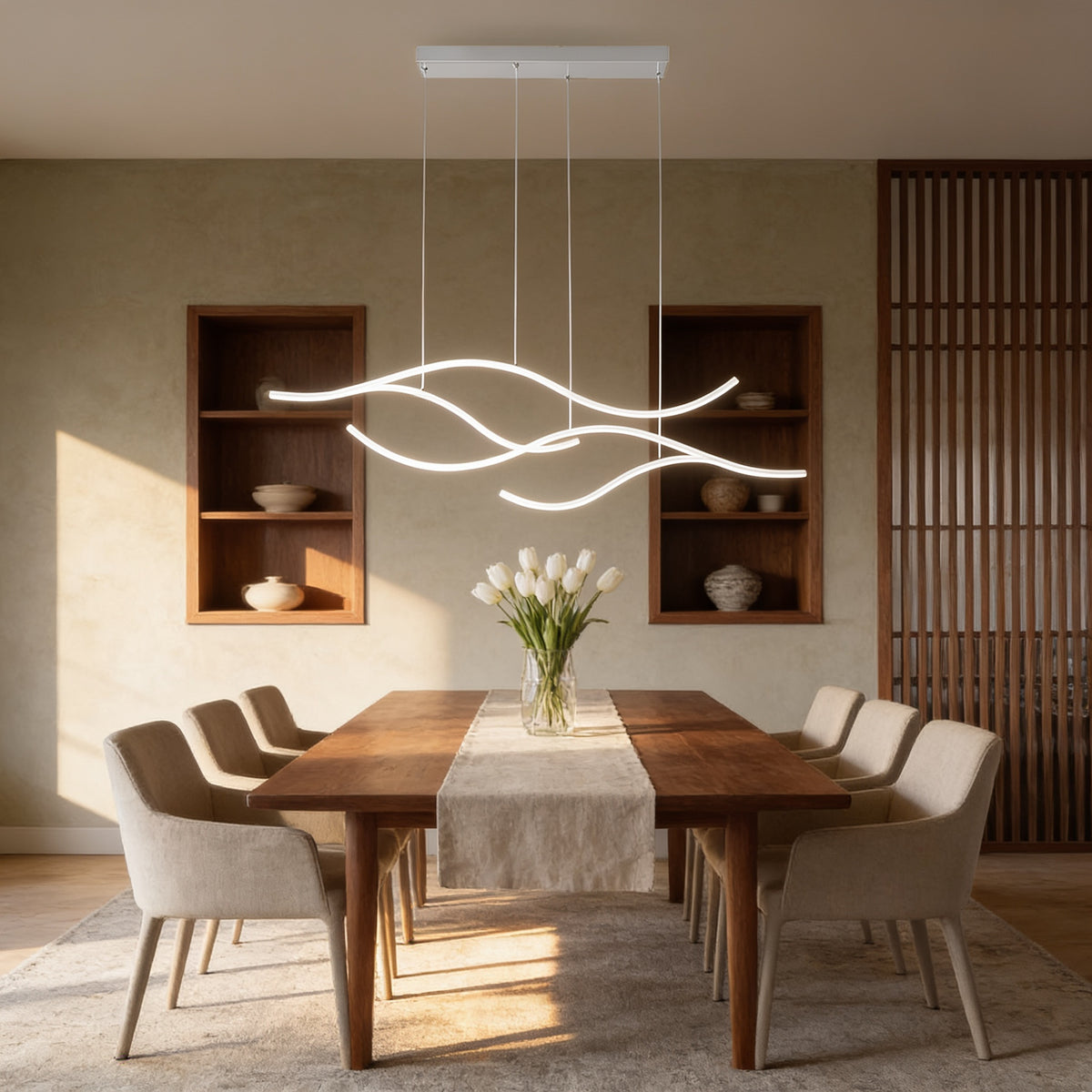 Curved Wave Pendant Light, 47 in, Warm White, Chrome