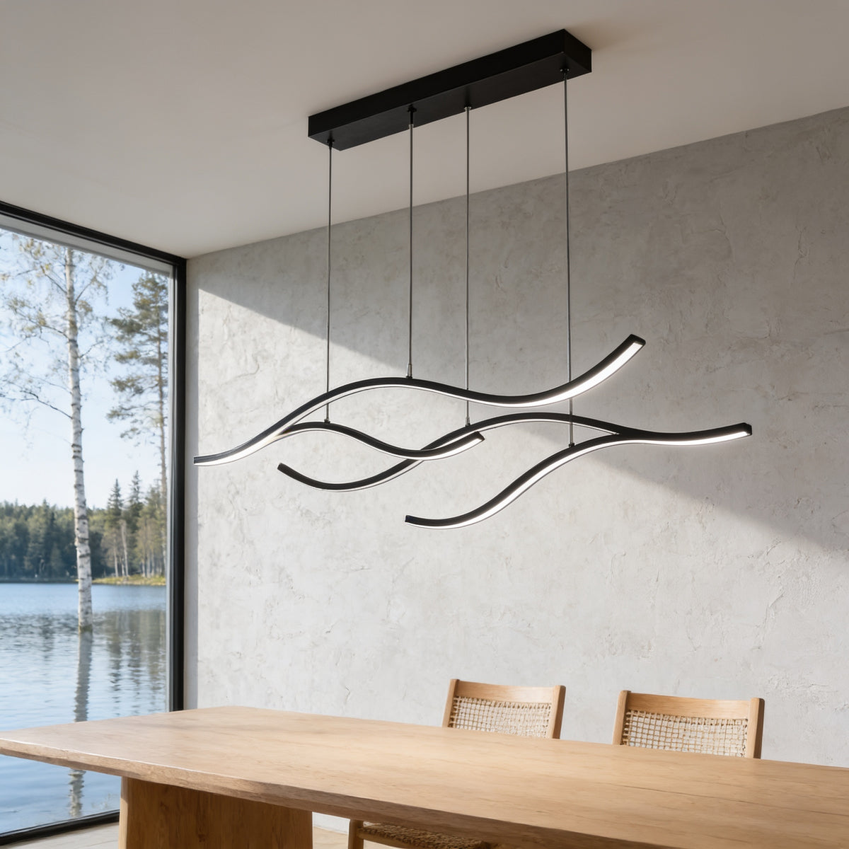 Curved Wave Pendant Light, 47 in, White, Black