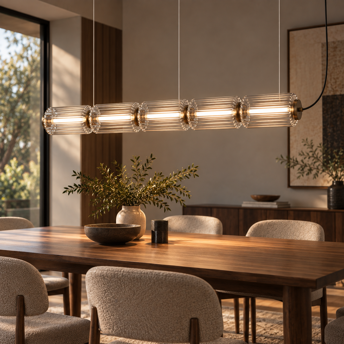 Fluted Glass Linear Pendant Light, Italian Style Island