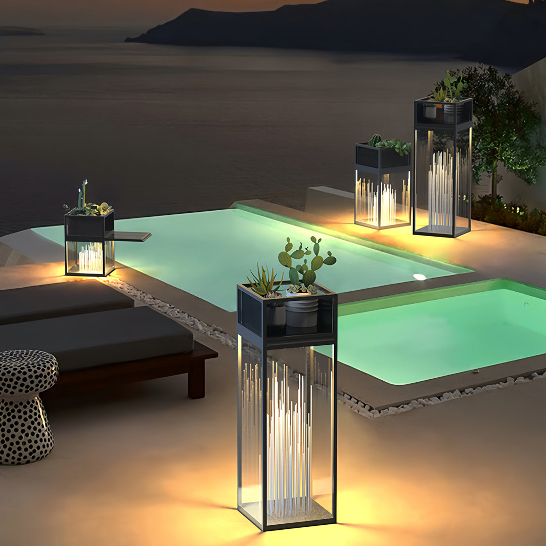 Glass Box Bollard Light, Black Stainless Steel Pool Deck Light