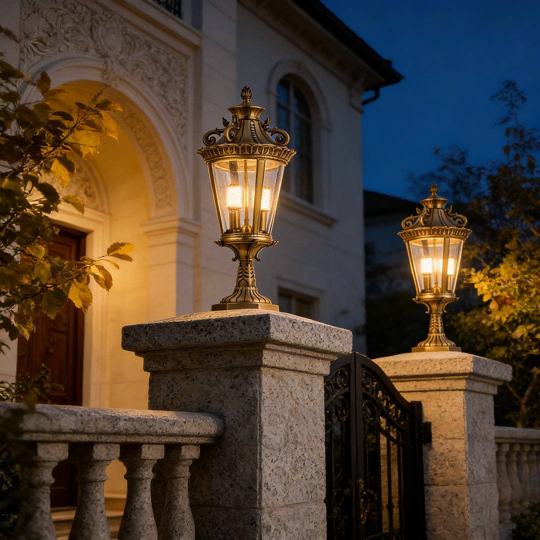 Scrolled Crown Pillar Lantern, Antique Copper Fence Post Light