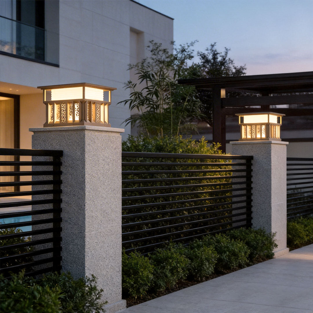 Square Lantern Pillar Light, Gray Stainless Steel Post Cap Light