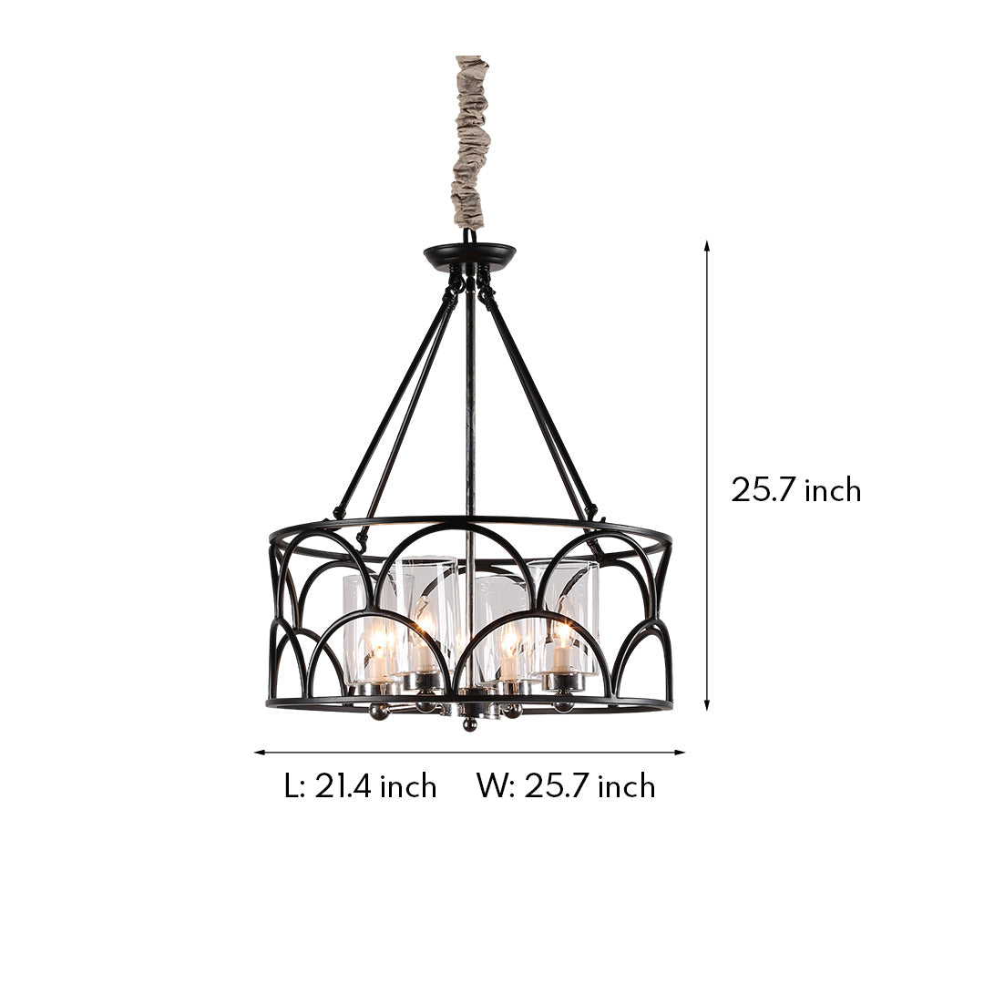 Arched Drum Candle Chandelier, Black Metal and Glass Ceiling Light 8