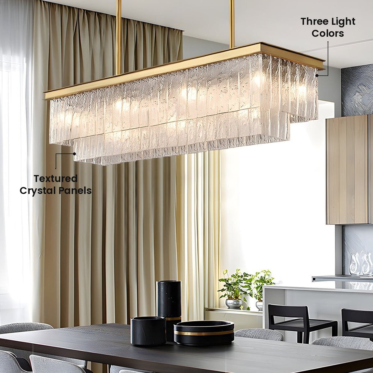 Double Layer Crystal Linear Chandelier: Textured Crystal Panels, Three Light Colors