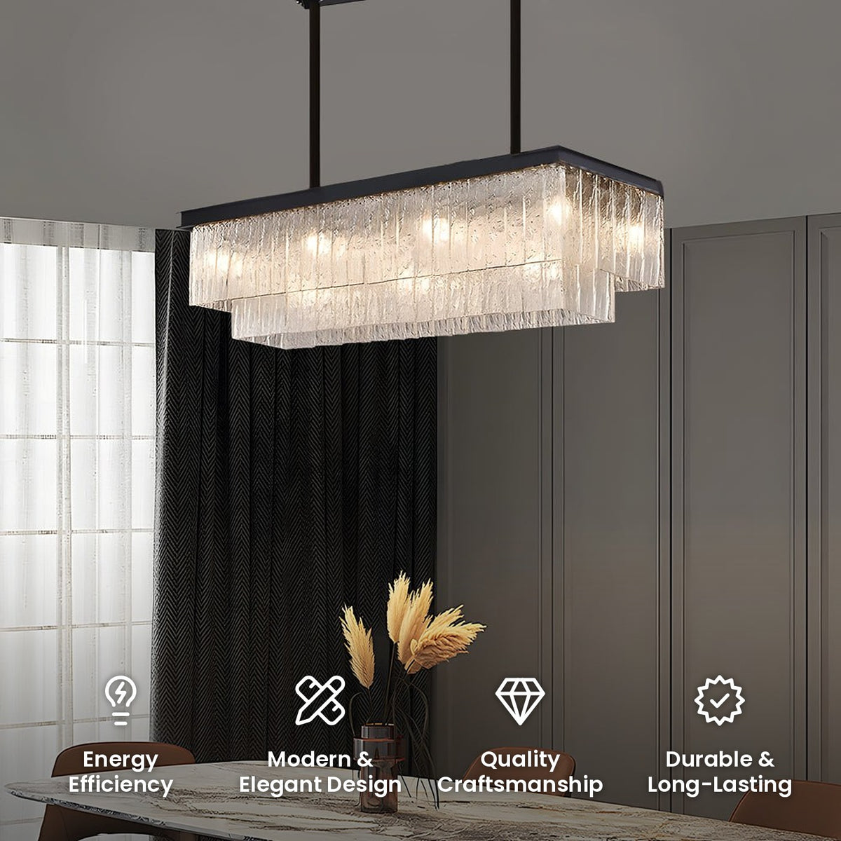 Double Layer Crystal Linear Chandelier: energy efficiency, modern and elegant design, quality craftsmanship, durable and long-lasting