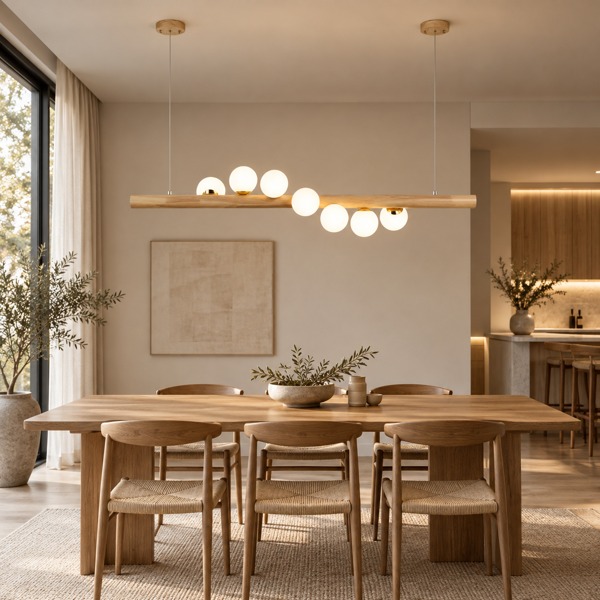 Walnut Wood Beam Globe Linear Pendant, 5 or 7 Lights