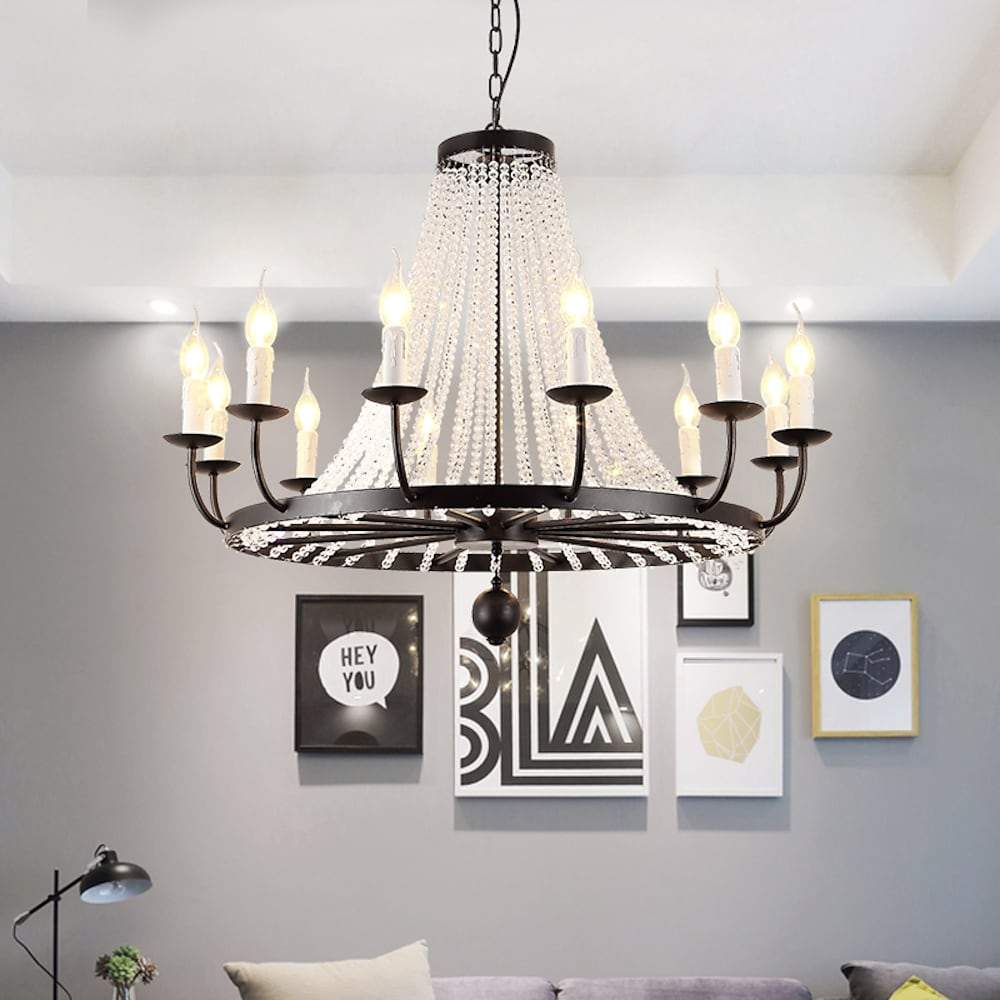 Crystal Cascade Wagon Wheel Candle Chandelier, Black Metal Light 3
