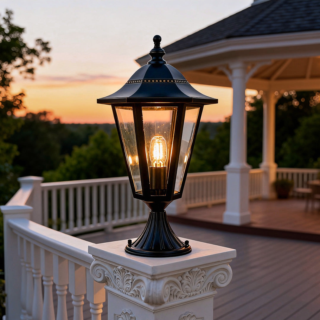 Hexagon Gate Pillar Light, Black Copper and Glass Pier Light