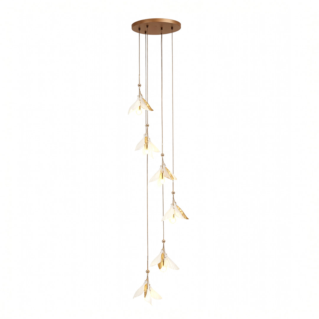Ceramic Blossom Spiral Staircase Chandelier, Gold Iron Long Drop Light 11