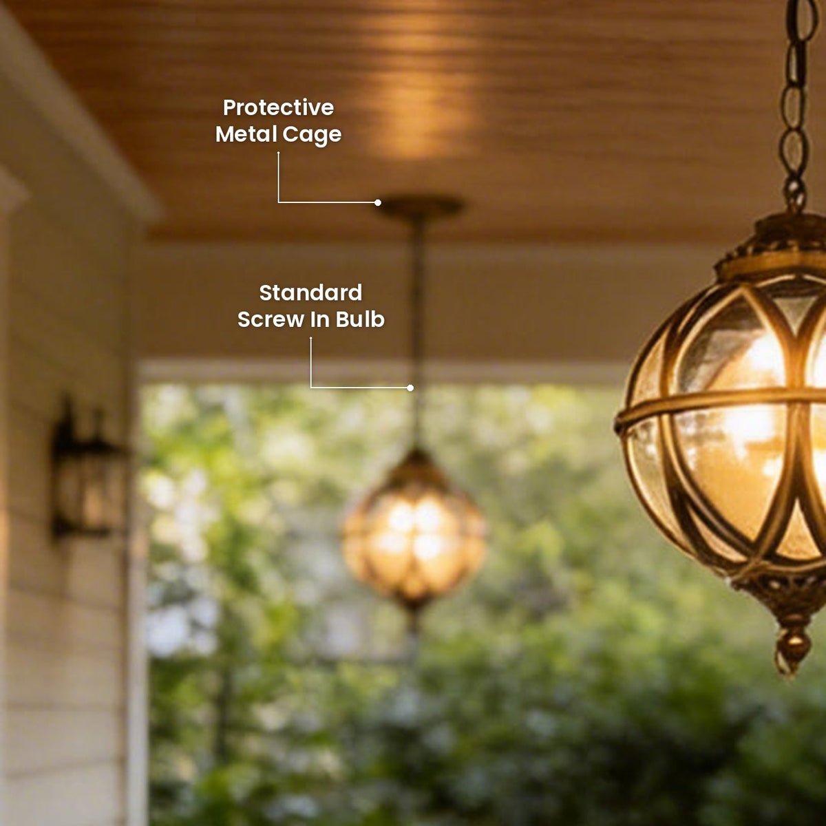 Metal Orb Outdoor Pendant: Protective Metal Cage, Standard Screw In Bulb
