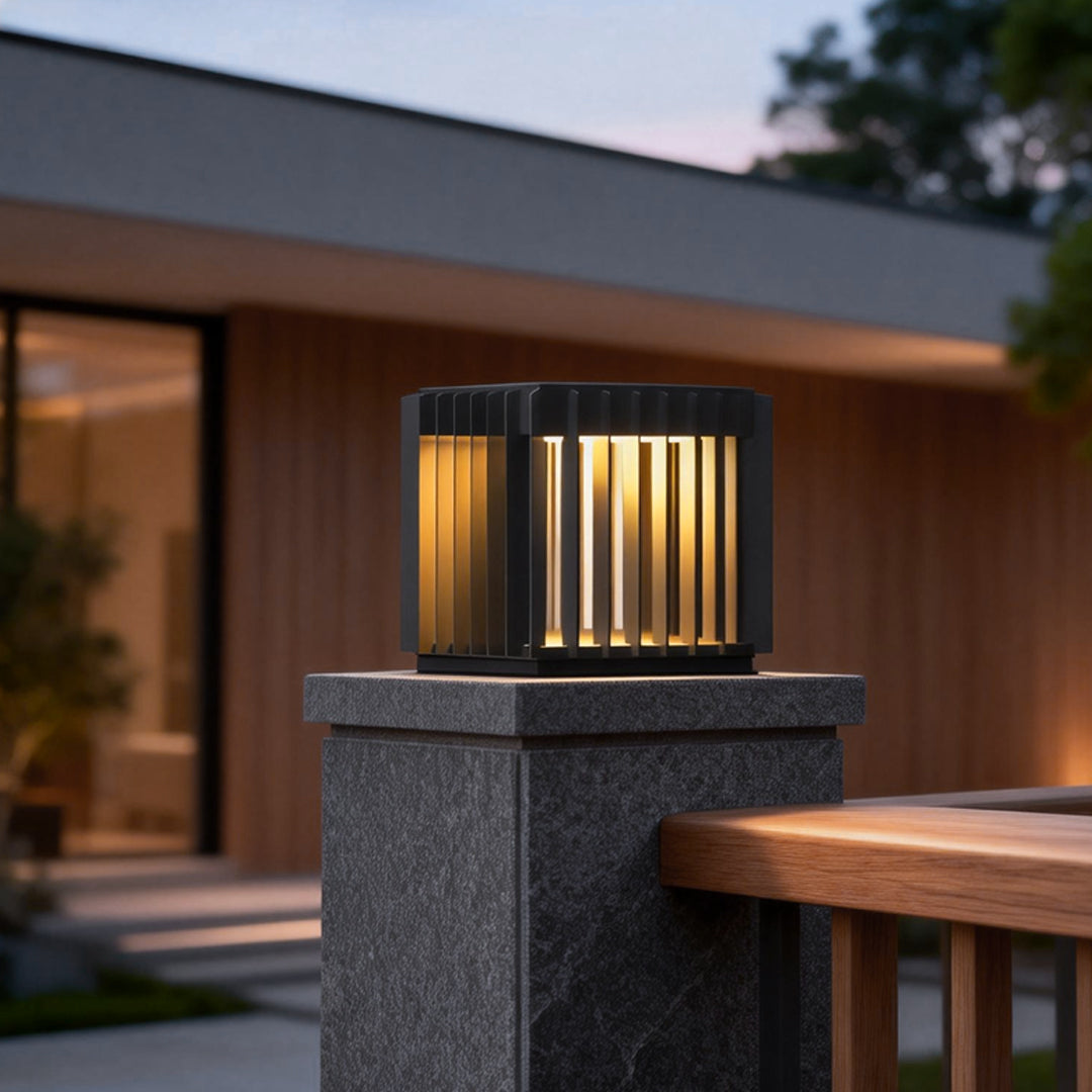 Square Openwork Pillar Light, Black Stainless Steel Pier Light