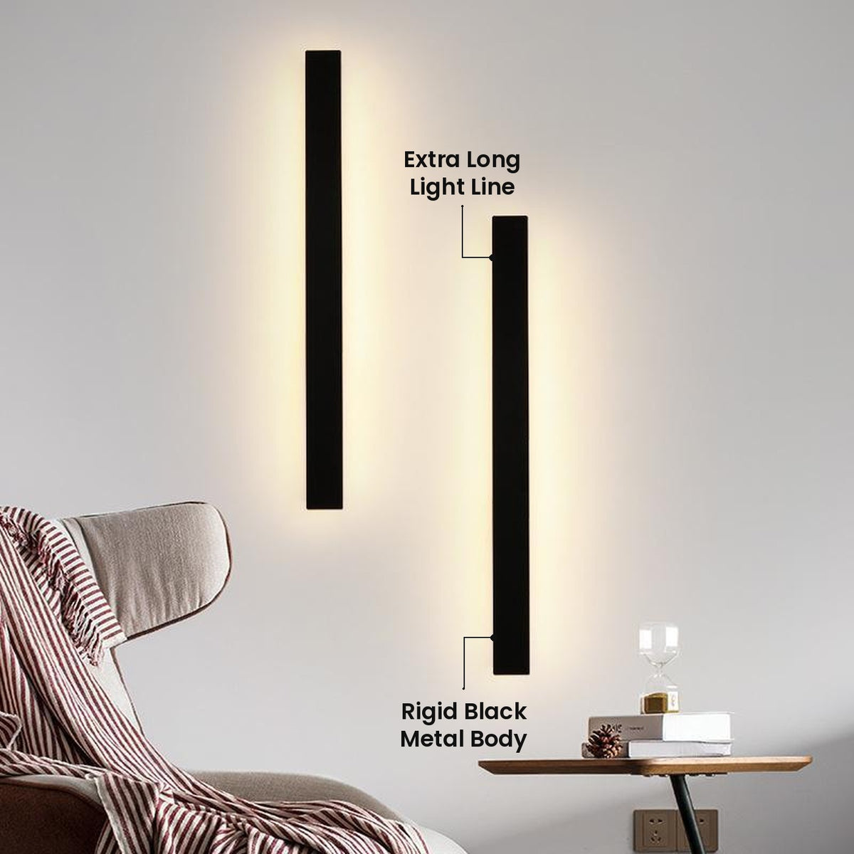 Extra Long Linear Wall Sconce: Extra Long Light Line, Rigid Black Metal Body