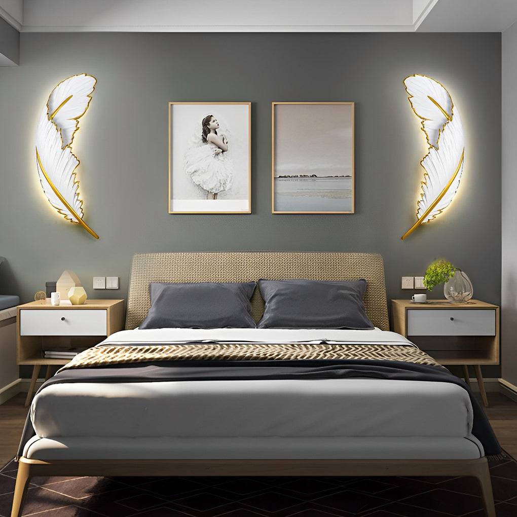 Gilded Feather Wall Light, White Resin LED Wall Art Sconce