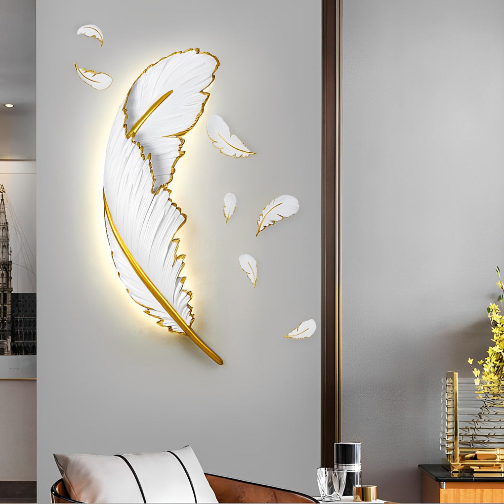 Gilded Feather Wall Light, White Resin LED Wall Art Sconce