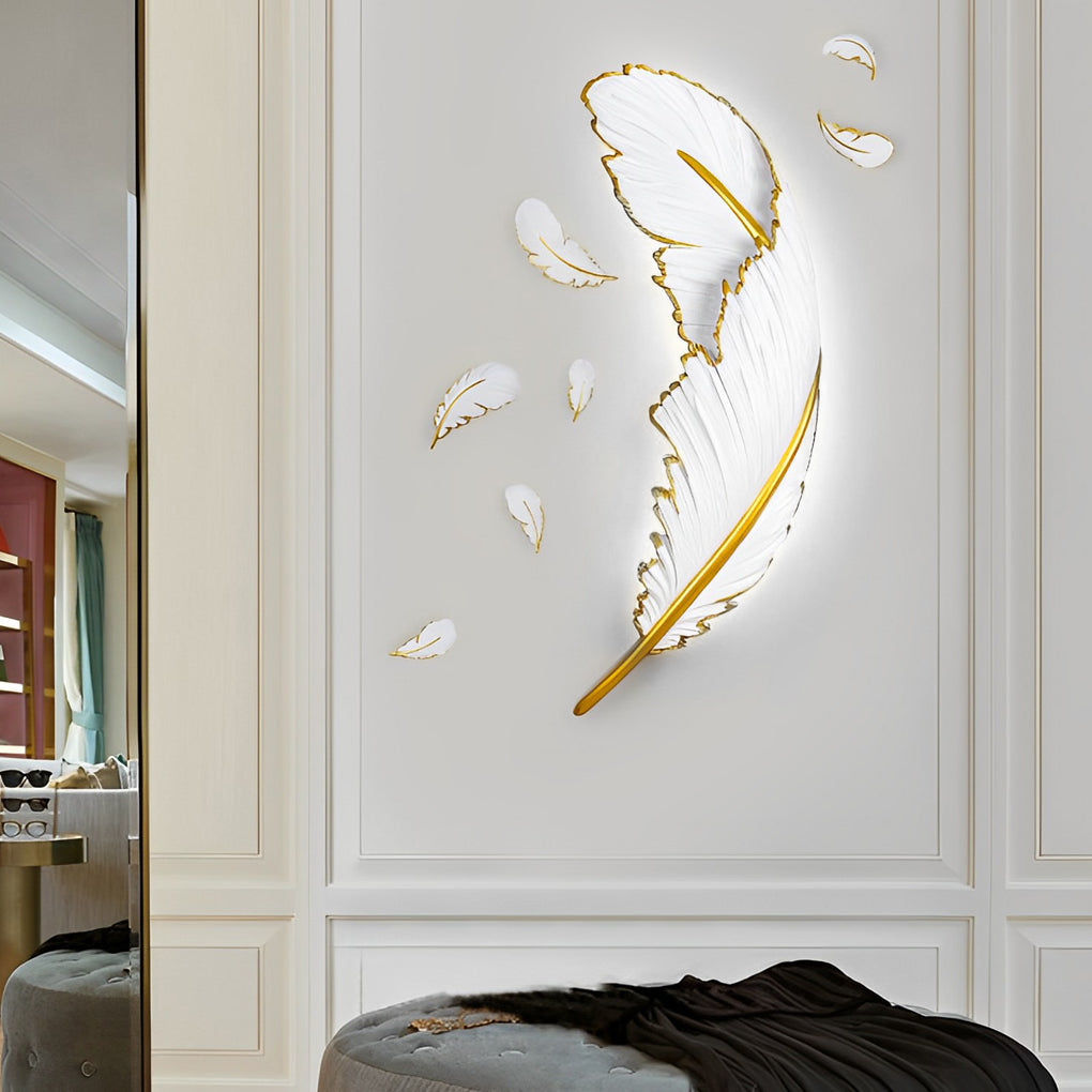Gilded Feather Wall Light, White Resin LED Wall Art Sconce