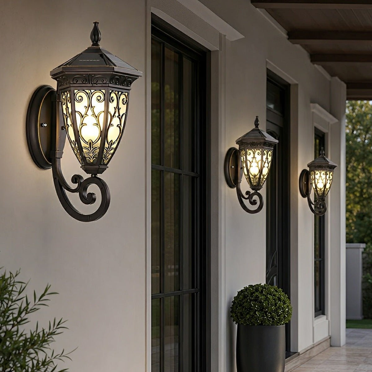 Floral Scroll Lantern Porch Light, Black Coffee Aluminum Wall Sconce 11