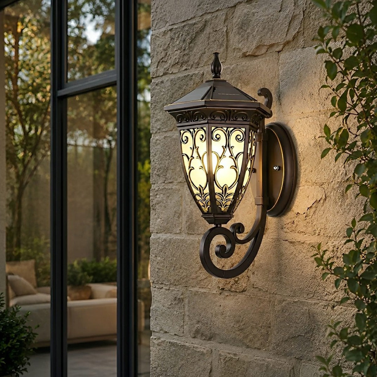 Floral Scroll Lantern Porch Light, Black Coffee Aluminum Wall Sconce 4