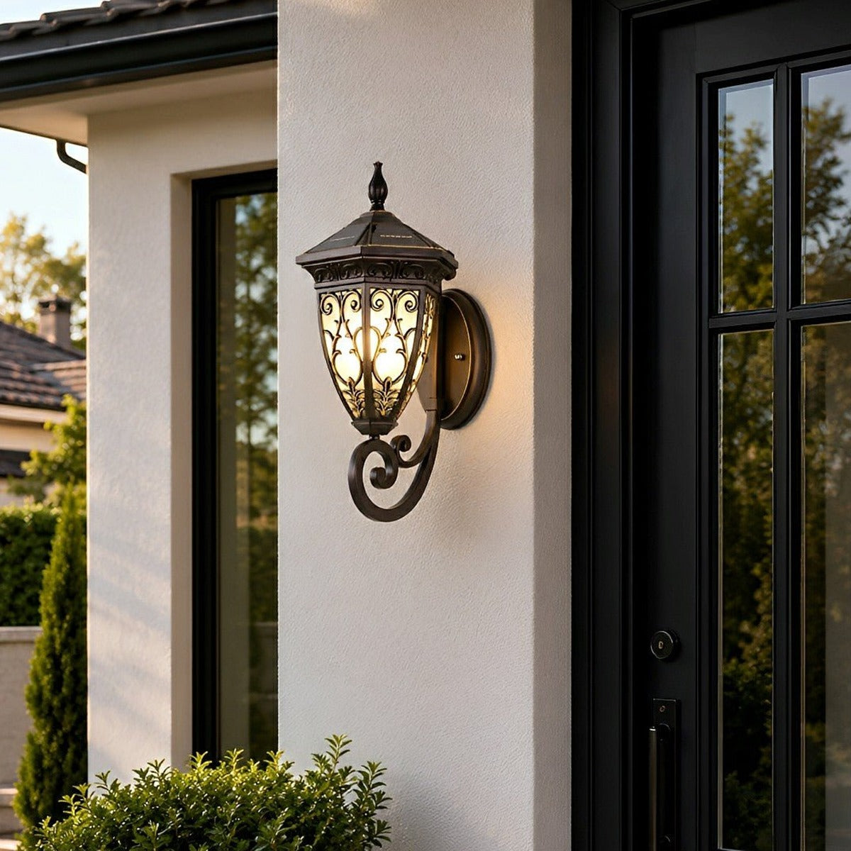Floral Scroll Lantern Porch Light, Black Coffee Aluminum Wall Sconce 6