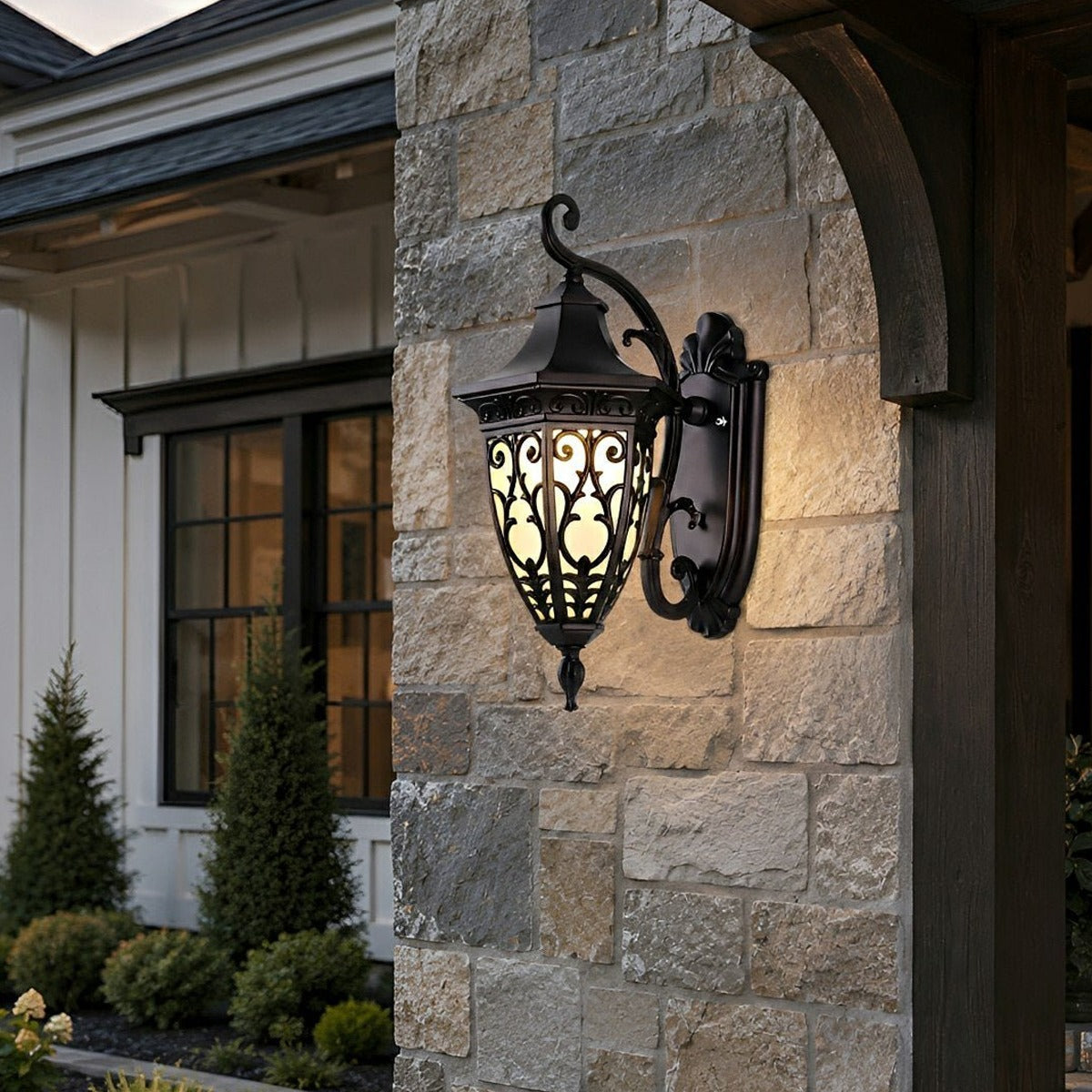 Floral Scroll Lantern Porch Light, Black Coffee Aluminum Wall Sconce 8